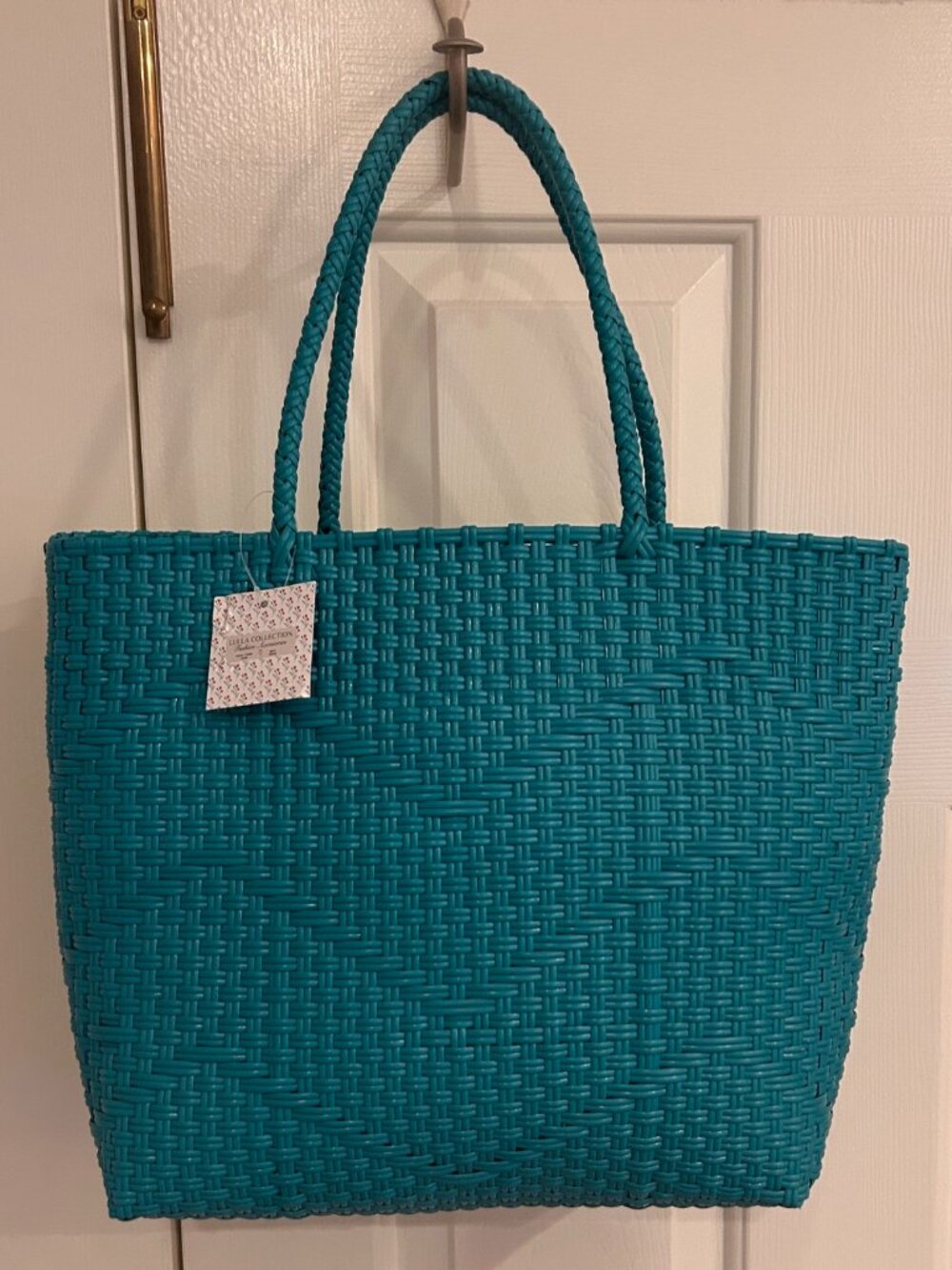 Lulla Collection Turquoise Blue Plastic Woven Tote Bag Lightweight NWT